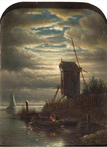 Mondbeschienene Uferlandschaft mit Windmühle und Boot by 
																	Joseph Hartogensis