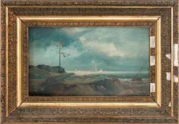 Figures raising pennants along a coast by 
																			Franklin Stanwood