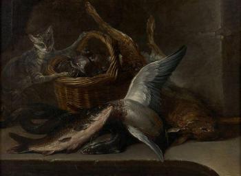 Chat près d’un panier de coquillages, poissons et gibier by 
																	Nicolas Henry Jeaurat de Bertry