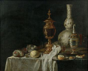 Vase d’orfèvrerie, vase en porcelaine de Chine bleu et blanc, citrons et coquillages sur une table by 
																	Willem Kalf