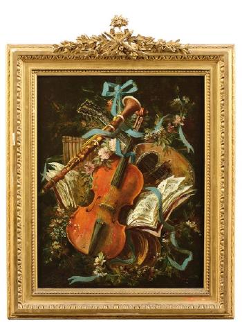 Violon, mandoline, hautbois et partition dans une guirlande de fleurs. Cor de chasse, tambourin et dans une guirlande de fleurs by 
																			Victor Vincelet
