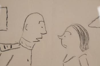 Couple standing at bedside by 
																			James Grover Thurber