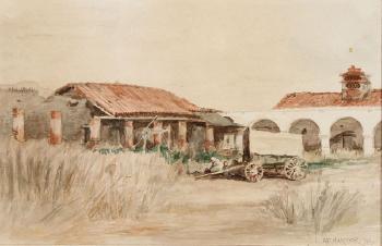 Old California Mission Ranch with Wagon and Figures by 
																			Alexander F Harmer