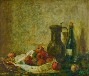 Stillleben mit Äpfeln, Weinflasche und Zinnkanne by 
																	Hans Zaugg