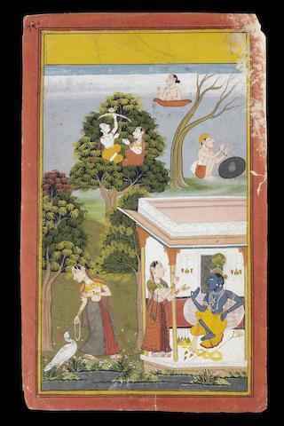 Radha sends her sakhi to entreat Krishna while she waits for him in the forest by 
																	 Udaipur School