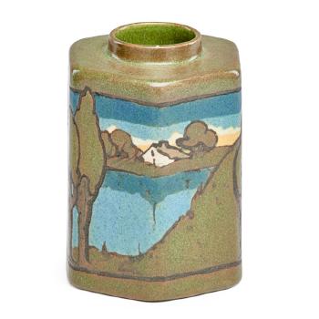 Tea caddy with house, trees and lake by 
																			Sara Galner