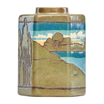 Tea caddy with house, trees and lake by 
																			Sara Galner