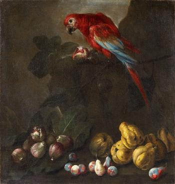 Still Life with a Parrot, Peaches, and Figs in a Landscape; Still Life with a Parrot, Plums, Figs, and Quinces in a Landscape by 
																			 Pseudo Fardella