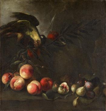 Still Life with a Parrot, Peaches, and Figs in a Landscape; Still Life with a Parrot, Plums, Figs, and Quinces in a Landscape by 
																			 Pseudo Fardella