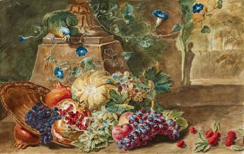 Fruit Still Life with a Parrot before a Park Landscape by 
																	Michele di Campidoglio