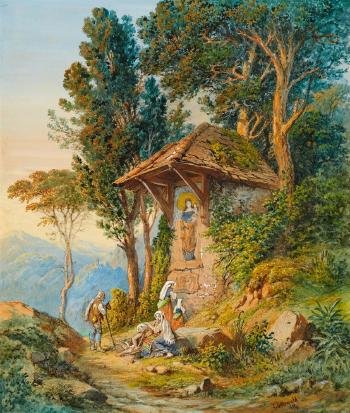 Mountainous Landscape with a Shrine by 
																	George Osterwald