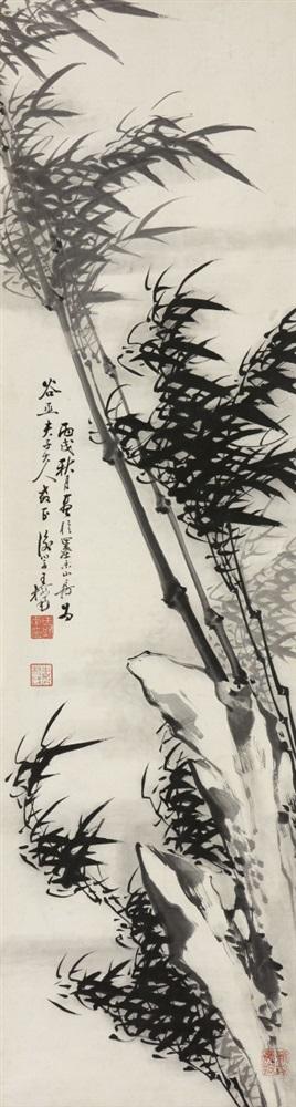 Bamboo by a rock and bamboo under a full moon by 
																			 Wang Shunan