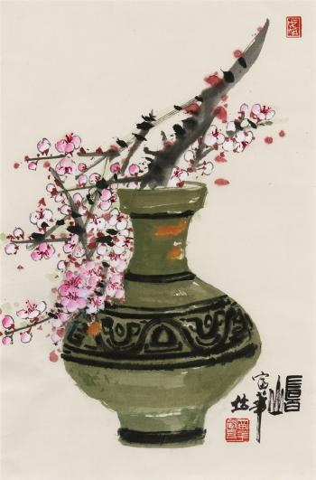 Vase with plum blossom branches by 
																	 Fu Hua