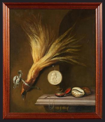 Stillleben mit Paradiesvogel, Muscheln, Uhr und Portraitmedaillon by 
																			N Steenwijk