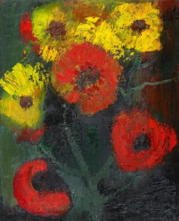 Stillleben mit roten und gelben Blüten by 
																			Friedrich Vordemberge