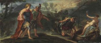 Rinaldo called back to arms by Ubaldo and Carlo; or Aeneas, being urged to leave Carthage by 
																	Giovanni Battista Lama