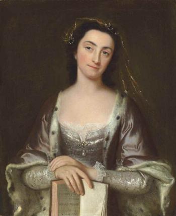 Portrait of a Lady, Possibly Lady Mary Wortley Montagu (1689-1762), Half-Length, in a White Gown and Ermine-Lined Mantle, Reading from Lewis Theobald's 'The Works of Shakespeare' by 
																	John Giles Eccardt