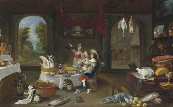 An Interior with a Cavalier and Lady Seated in Conversation at a Repast, with a Servant Pouring Wine and Two Monkeys, Surrounded by Food and Crockery in Disarray by 
																	Christoffel Jacobsz van der Lamen