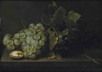 White and Red Grapes with an Open Walnut on a Stone Ledge by 
																	Jacob van Es