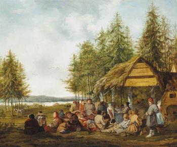 A Wooded River Landscape with Russian Peasants Resting by 
																	Charles Eschard