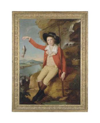 Portrait of a boy, full-length, holding a fishing rod and a perch in a river landscape, a church beyond by 
																	Martin Ferdinand Quadal