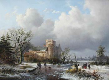 A winter landscape with figures on the ice near a castle by 
																	Alexander Joseph Daiwaille
