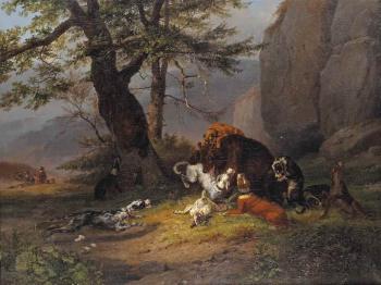 The bear hunt by 
																	Guillaume Anne van der Brugghen