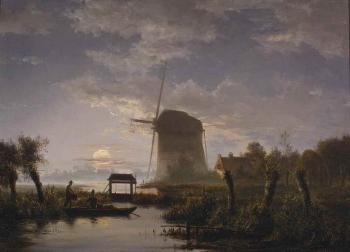A moonlit river landscape with a windmill and a lock by 
																	Jacobus Theodorus Abels