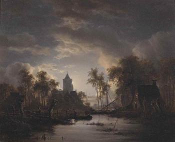 River view with a church tower by 
																	Jacobus Theodorus Abels