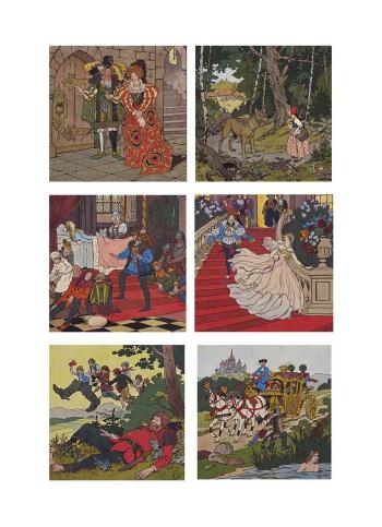 Six illustrations for 'Les Contes de Perrault': Le Chat botté; Barbe bleue; Le Petit Poucet; Le Chaperon rouge; Cendrillon and La Belle au bois dormant by 
																	Boris Vasilevich Zvorykin