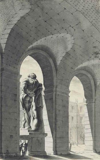 A view of the courtyard of the Palazzo Farnese , Rome with the Farnese Hercules by 
																	Jose Ribelles y Helip