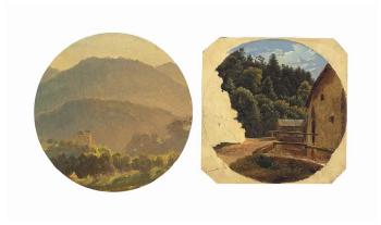 A mountain landscape with a house; and A view of a house by a river and a road by 
																	Carl Ludwig Frommel