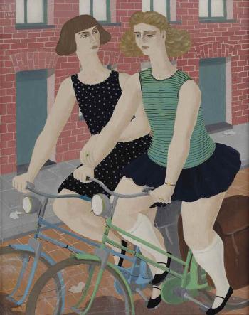 Two women on a bicycle by 
																	Ferdinand Erfmann