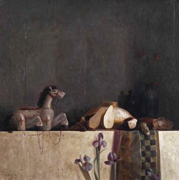 Stilleven met popje, paard & irissen by 
																	Jan Van der Kooi