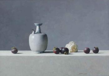 A still life with a jug, a white peony and mangosteens by 
																	 Qiangli Liang