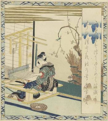 A Woman Weaving beside a Veranda by 
																	 Taito II