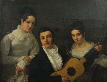 Portrait d'un musicien entouré de deux jeunes femmes by 
																	 Belgian School