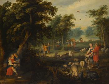 An Arcadian Landscape with Courting Shepherds and Their Flock by 
																	Jasper van der Laanen
