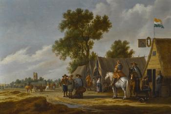 Horsemen and Travelers Standing in Front of An Encampment, A View of A Ruined Tower Beyond by 
																	Pieter de Neyn