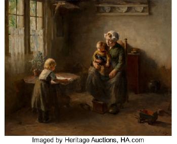 Sunlit Interior with mother and children by 
																			Lammert van der Tonge