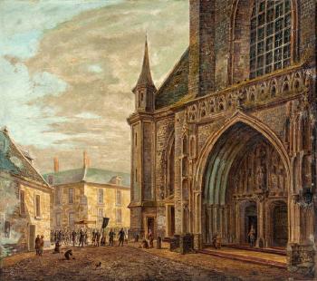 A procession approaching a cathedral by 
																			Johannes Jelgerhuis