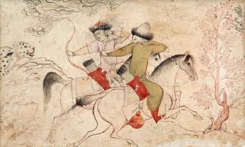 Two galloping hunters in a landscape, their backs turned to shoot arrows at a leopard behind them by 
																			Riza-i Abbasi