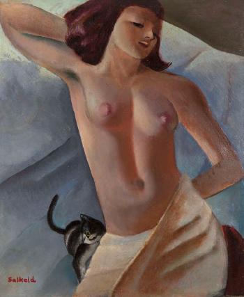 Reclining Nude with Kitten by 
																			Cecil Salkeld