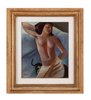 Reclining Nude with Kitten by 
																			Cecil Salkeld