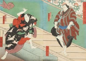 Actors: Jakuemon I as Genbei and Gakujuro II as Umo no Yoshbei by 
																	Utagawa Yoshitaki