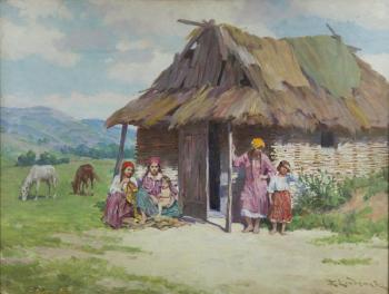 In front of cottage by 
																			Emil Lindeman