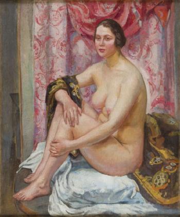 Nude with pink curtain by 
																			Ignacy Pienkowski