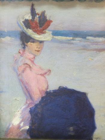 Woman in a pink dress with parasol by 
																			Augustus Vincent Tack