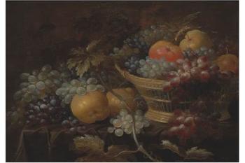 A Still Life with Quinces, Grapes and an Apple in and Around a Wicker Basket by 
																			Roelof Koets