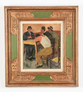 Group of men conversing at a table by 
																			Giuseppe Malagodi
